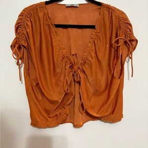 Zara Orange Ruched Blouse with Tie Details